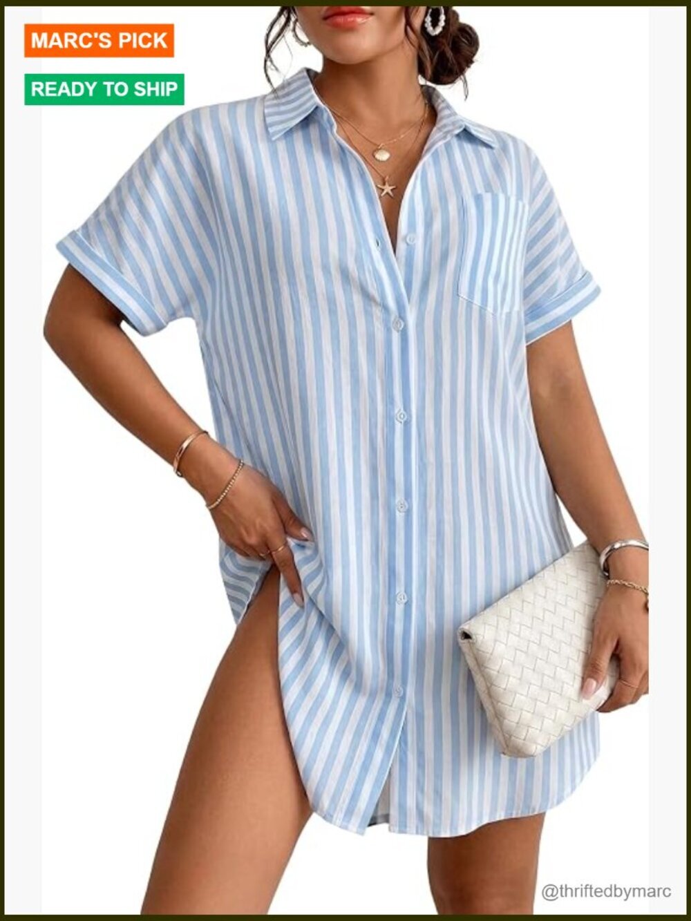 Button Down Swimsuit Cover Up Dress Beach Shirt Short Sleeve Striped Summer